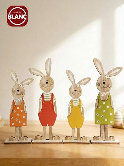 Madebyblanc 4 PCS Set Decorative Multicolor Painted Rabbit Bunny Wooden Plaques Signs Easter Thanksgiving Party Home Farmhouse Rustic Wall Hanging Holiday Decorations Perfect Gift