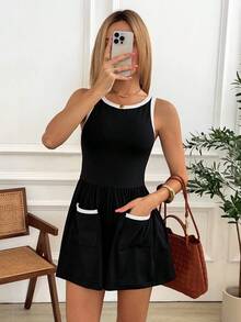 Easowa Bộ jumpsuit dáng chữ A không tay cổ chữ U, phối màu tương phản, có túi, xếp ly, thích hợp cho công sở, đi làm hoặc đi nghỉ mát mùa xuân/hè dành cho nữ. - màu đen - Xem 1