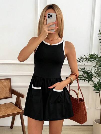 Easowa Bộ jumpsuit dáng chữ A không tay cổ chữ U, phối màu tương phản, có túi, xếp ly, thích hợp cho công sở, đi làm hoặc đi nghỉ mát mùa xuân/hè dành cho nữ.
