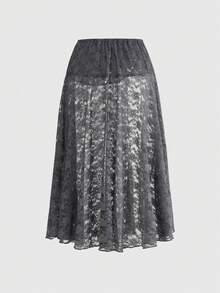 ROMWE Avant Chân váy ôm sát gợi cảm xẻ tà bằng ren xuyên thấu dành cho nữ - Xám - Xem 2