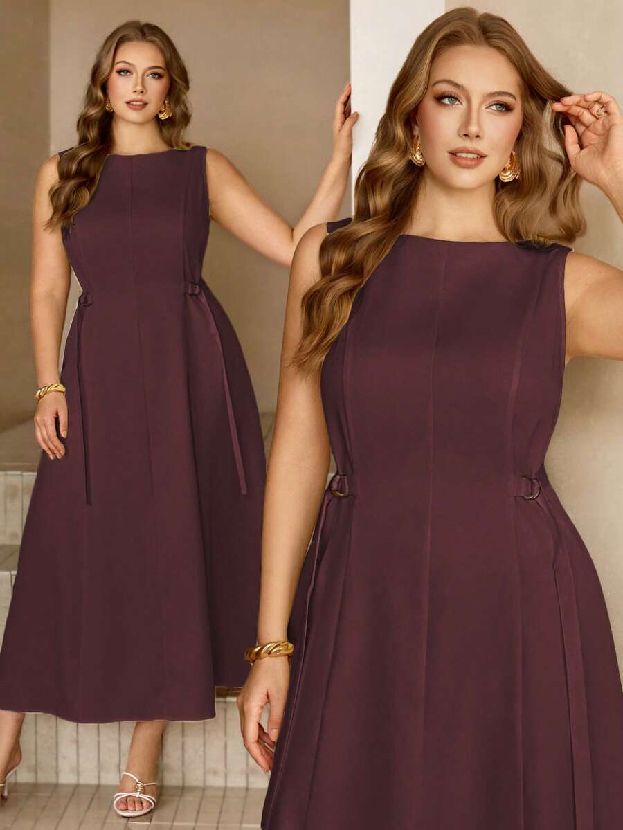 Roveilla Plus Size Women's Solid Color Boat Neck Sleeveless Maxi Dress With Waist Belt, Elegant French Retro Style For Office, Business, Casual, Beach, Party, Romantic, Spring/Summer Sleeveless Dress For Women Burgundy A-Line Dress Zanzea Dress For Women Ladies Dresses Plus Size Dress For Women - Maroon - View 1