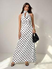 SHEIN Tall 优雅波点印花长连衣裙，配飘逸领口，女士款 - 白色 - 查看 5