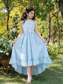 SHEIN Tween Girl Floral 3D Decor Ruffle Hem Halter Neck Dress - Blue - View 5