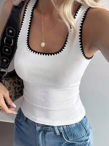 Livesso Damen lässiges ärmelloses Crop Top mit kontrastfarbener Ziersteppung, geeignet für Straße, Musikfestival, Urlaub, Frühling/Sommer - Weiss - Übersicht 2