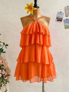 Soleia Burnt Orange Summer Boho Holiday Vacation Elegant Backless Multi-Layer Ruffle Chiffon Mini Dress,Wedding Guest Solid Color Dresses For Women - Coral Orange - View 7