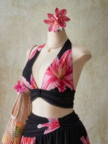 ICON Conjunto de top halter y minifalda con estampado floral para mujer de talla grande - Negro - Ver 9