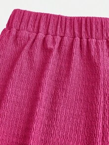 SHEIN 2件組青少年女孩熱情粉夏季休閒鄉村演唱會風抓皺露肩無袖修身針織上衣與喇叭褲套裝，適合學校戶外日常穿著 - 玫紅色 - 查看 3