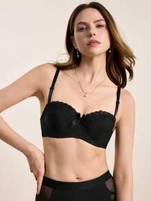 女士休闲黑色面料纯色文胸，撞色蕾丝和蝴蝶结细节，略有弹性 - 黑色 - 查看 4