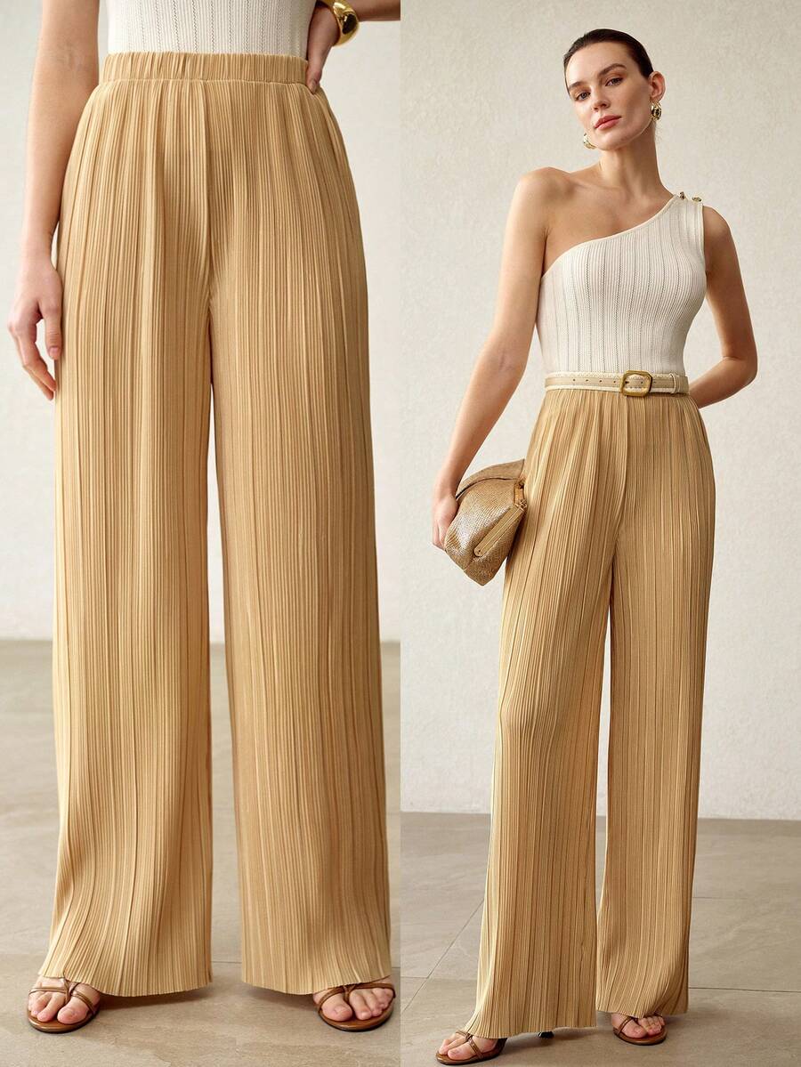 MOTF PREMIUM WOMEN'S METALLIC THREAD TEXTURED KNIT PANTS - Apricot - View 1