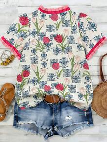 Linhara 大码女式休闲碎花花瓣袖衬衫 - 杏色 - 查看 2