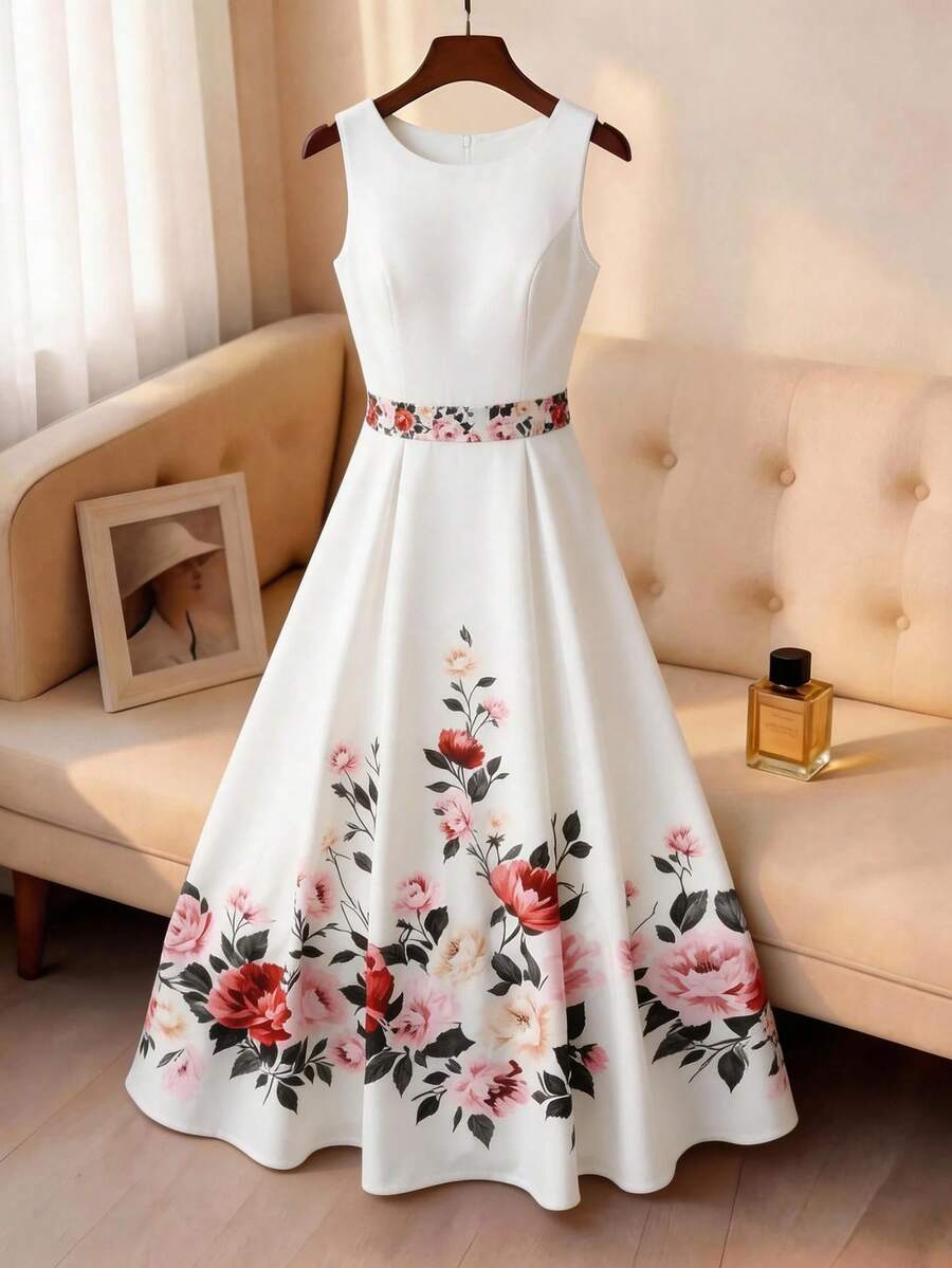 Franclia Đầm midi nữ màu trắng họa tiết hoa, cổ tròn, eo, dáng xòe, thích hợp mặc đi chơi, đi nghỉ mát, đi biển hoặc dự tiệc cưới. - Nhiều màu - Xem 1