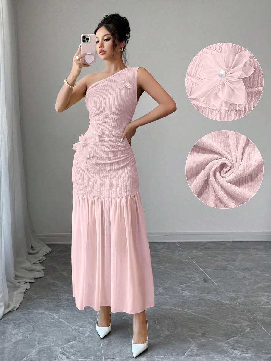 Modelyn 3D Blumen Gelb Chiffon Patchwork Kleid für Frauen - Pink - Übersicht 1