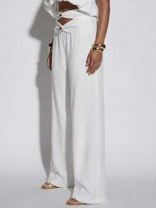Normani Women's White Wide Leg Pants Pleated Hollow Casual Loose Fit Linen Trousers,Seksi Chic Vacation Holiday Beach Flare Pants For Spring Summer Autumn - White - View 6