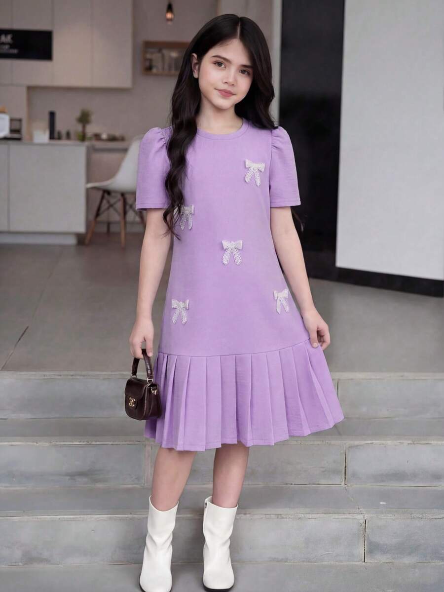 Elladie kids 1pc Tween Girl Bowknot Pleated Short Sleeve Dress, Loose Fit, Spring/Summer - Mauve Purple - View 1