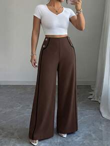 GlowEve CURVE Plus Size Women Casual Contrast Trim Straight Leg Pants - Coffee Brown - View 9