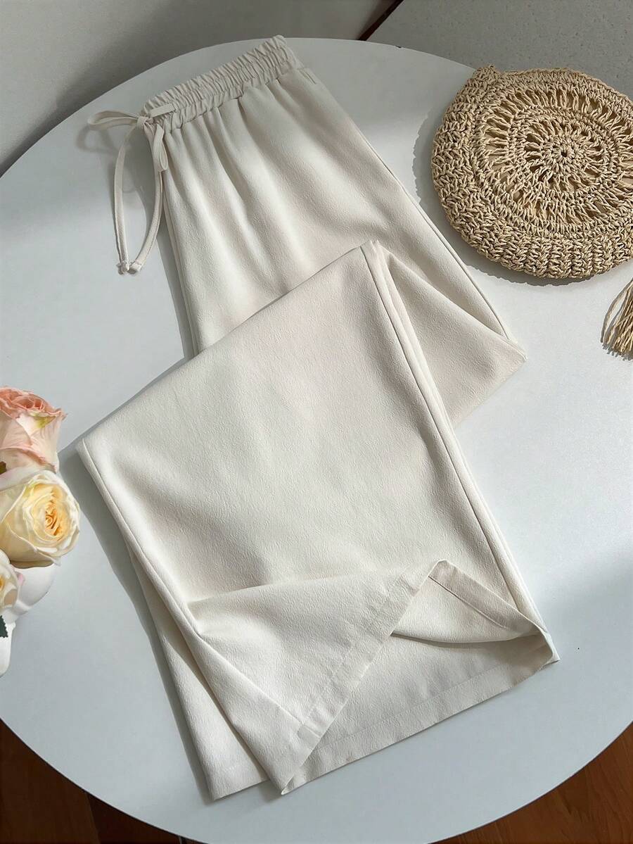 Elamini Quần dài nữ màu mơ, cạp thấp, ống đứng, có túi, thời trang, thoải mái, đa năng, thích hợp cho mùa hè đi biển, mặc hàng ngày, mùa xuân/hè. - Màu be - Xem 1