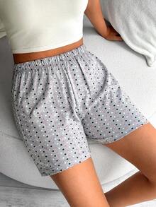 SHEIN 2 Pcs Multipack Cottonline Pointelle Multicolor Patterned Elastic Waist Comfort Relaxed Casual Sleep Shorts 2 Pcs Set - Multicolor - View 6