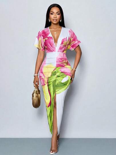 SOLERSUN Women's Elegant, Deep-V, Fitted-Waist, Bodycon Dress Features A Tropical Lily Print And A Slit, Perfect For Beach, Island, And Resort Parties. A Truly Atmospheric Vacation Dress.