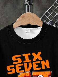1 Set Boys' 67 Graphic Print Short Sleeve & Shorts Set, Orange & Black, Suitable For Outdoor, Daily Wear, Sports In Spring & Summer - Multicolor - View 4