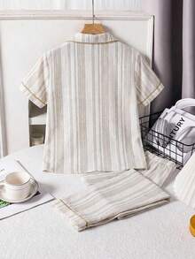 SHEIN Tween Boy Casual Comfortable Striped Collar Short Sleeve Shirt And Soft Comfortable Skin-Friendly Pants 2 Pieces Pajama Set - White - View 3