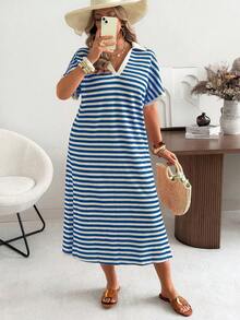 Ceyna Plus Size Striped Knit Casual Vacation Mini Dress, Spring/Summer - Royal Blue - View 4