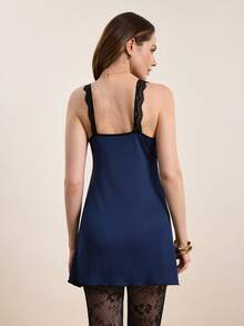 SHEIN 女士蕾丝拼布蝴蝶结休闲无袖睡裙睡衣裙 - 藏蓝色 - 查看 2