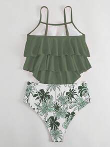 Swim Lushoire 女士纯色荷叶边吊带背心式上衣和三角吊带式泳裤套装，适合夏季度假和海滩穿着 - 軍綠色 - 查看 6