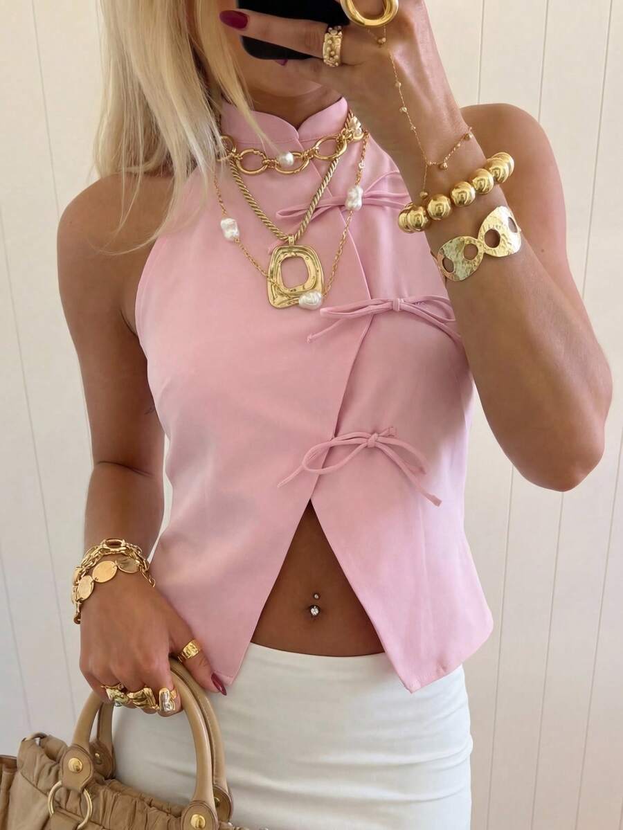 CovetEZ Áo kiểu nữ màu hồng mới, kiểu Trung Quốc, thắt nơ, xẻ tà phía trước, không tay, dễ thương và gợi cảm. - Hồng - Xem 1