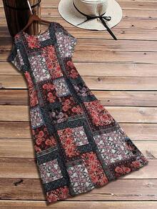 Rusticease Plus Size Women's Vacation Style Patchwork Floral Print Side Slit Loose Long Beach Dress - Blue Day - View 2