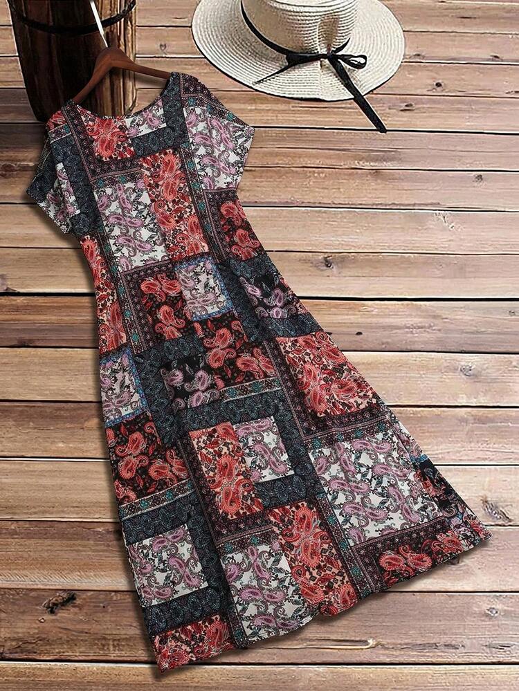 Plus Size Women's Vacation Style Patchwork Floral Print Side Slit Loose Long Beach Dress