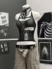 StreetHx Streetwear 女式纯黑色镂空钩针无袖针织上衣 - 黑色 - 查看 3