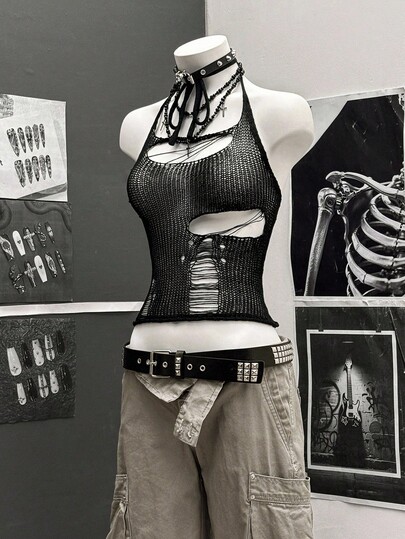 StreetHx Streetwear 女式纯黑色镂空钩针无袖针织上衣