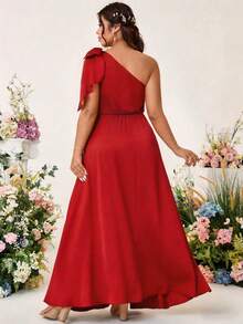 Cravure Gaun Pesta Koktail Tanpa Lengan dengan Tali Bahu Tipis, Ukuran Plus, Hiasan Pita, Bahan Satin Polos, Potongan A-Line, Belahan di Bagian Bawah, Gaun Pernikahan - Merah - View 2