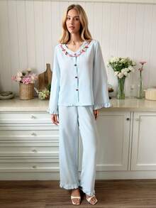 Snug Reverie Women's Ruffled Long Sleeve Pajama Set With Floral Decor, Suitable For Romantic Holidays, Spring & Autumn - Baby Blue - View 3