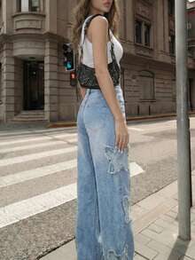 SHEIN EZwear 女士街头风牛仔裤，节日裤，户外节日特色牛仔裤，度假牛仔裤，春夏新款 - 黑色 - 查看 5