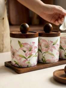 Cirelle Floral Pattern Ceramic Jar With Wooden Lid – Decorative Kitchen Canister For Candy, Flour & Tea, Rustic Farmhouse Storage Container, Housewarming Gift Idea - Multicolor - View 5