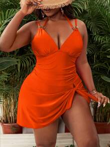 Slaydiva Bodysuit Gaun Panjang Berkerut dengan Tali Bahu Tipis Warna Pink untuk Wanita Ukuran Plus, Baju Renang Modis Pas Badan untuk Liburan Pantai - Jeruk - View 5