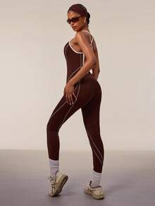 Normani Women's Brown Halter Jumpsuit, Color-Blocked Outerwear, Peach-Shaped Hip-Hugging One-Piece Yoga Sports Bodysuit,Gym Outfit - Mocha Brown - View 7