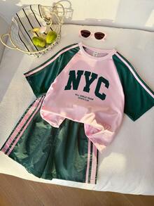 SHEIN 青少年女孩綠色與粉色拼色短袖T恤與短褲套裝，夏季運動風休閒校園開學穿搭，寬鬆輕便套裝 - 綠色 - 查看 5