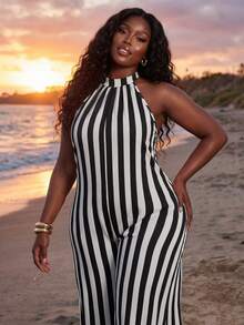 Veslaya 新款春夏休闲度假日常通勤露背圆领无袖超宽松阔腿超长裤白色女式加大码连体裤 - 彩色 - 查看 8