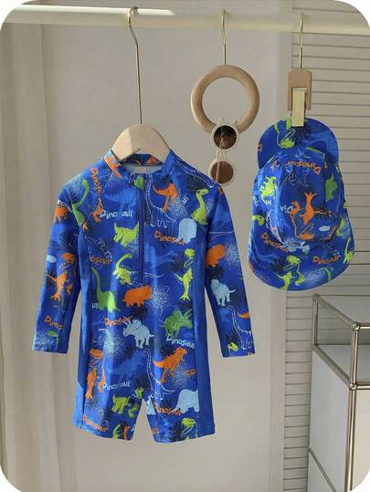 SHEIN 2pcs/Set Young Boys Cute Cartoon Print Color Block Long Sleeve Rash Guard & Hat Swimsuit Set, Suitable For Beach, Pool, Spring/Summer