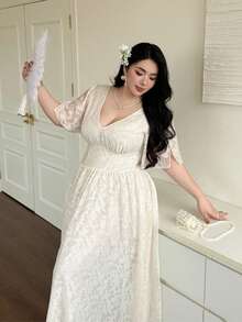 Flirla Plus Size Women Elegant V-Neck Ruffle Short Sleeve Chiffon Dress - Apricot - View 1