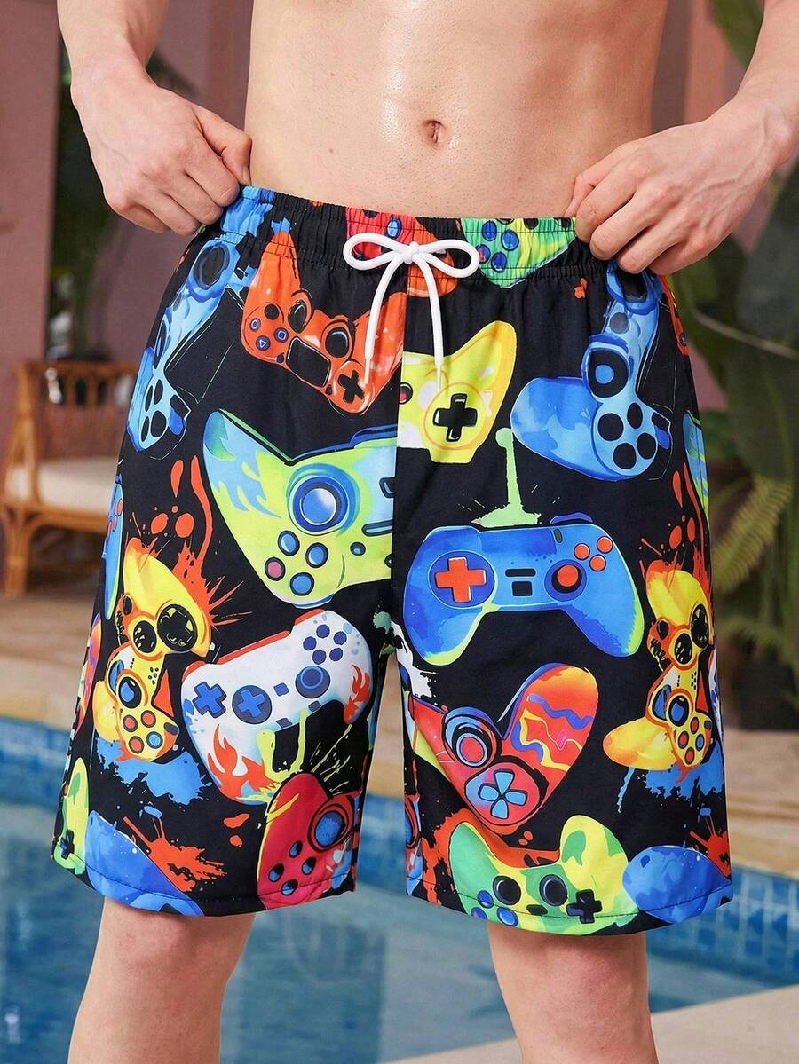 Tween Boys Swimwear Cool Game Print Beach Shorts With Adjustable Drawstring, Suitable For Vacation And Beach In Summer - Multicolor - View 1