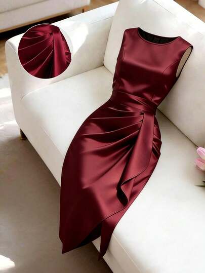 Franclia Women's French-Style Elegant Woven Satin Fabric, Burgundy Solid Color, Round Neck, Sleeveless Style, Summer Dress, Women's Summer Outfit, Valentine's Day, Valentine's Day Dress, Women's Party Dress, Elegant Party Dress, Wedding Guest Dress, Party, Wedding And Event, Women's Elegant Dress, New Summer Women's Dress