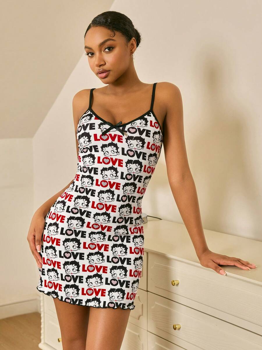 Betty Boop x SHEIN Nuisette décontractée pour femmes avec décoration de nœud - Blanc - Voir 1