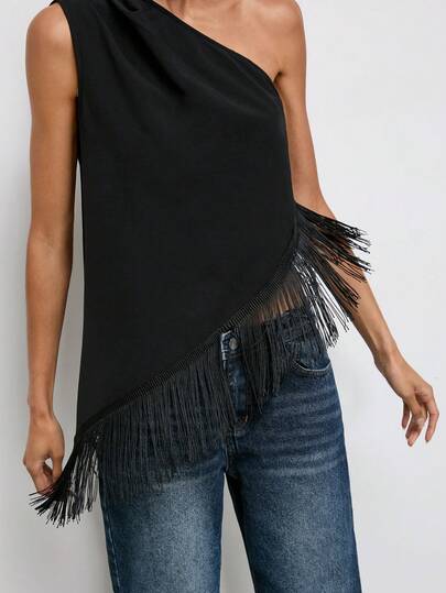 Maija Women's Black Casual Loose Fringe Hem Sleeveless Top