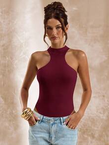 SHEIN BAE Apricot Sleeveless Asymmetric Cutout Bodysuit, Tight Fitted Bodysuit For Women, Spring/Summer - Burgundy - View 3