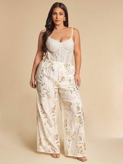 SHEIN BAE Plus Size Women's Apricot High Waist Tie Beaded Long Wide Leg Pants, Casual Summer Trousers, Wide Leg Trousers, Womens Summer Pants, Boho Pants For Women, Bohemian Trousers,Shiny Pants,Summer Outfit For Women,Plus Size,Spring Clothes Women,Festival Outfits For Women,Beach Outfit For Women,Wedding,Graduation,Casual,Vacation/Holiday Outfits For Women,Y2k,Plus Size,Curve,Birthday Party Outfits 