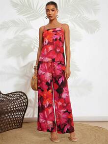 Gownix Women's 2 Pieces Printed Tank Top And Printed Pants Set, Resort Wear, Beach Vacation Vacation Outfit, Summer Wear, Black Elegant Tropical - Burgundy - View 6