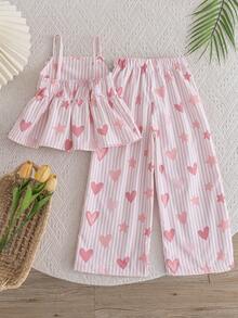Bộ 2 món cho bé gái (cỡ nhỏ) gồm áo hai dây và quần ống rộng in hình trái tim kẻ sọc dễ thương, trang phục mùa hè, bộ quần áo bé gái, bộ đồ bé gái màu hồng kẻ sọc hình trái tim cho kỳ nghỉ. - Hồng - Xem 3